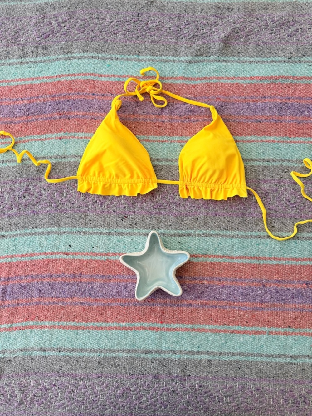 Yellow Triangle Bikini Top Ruffle Trim Halter Tie Adjustable
